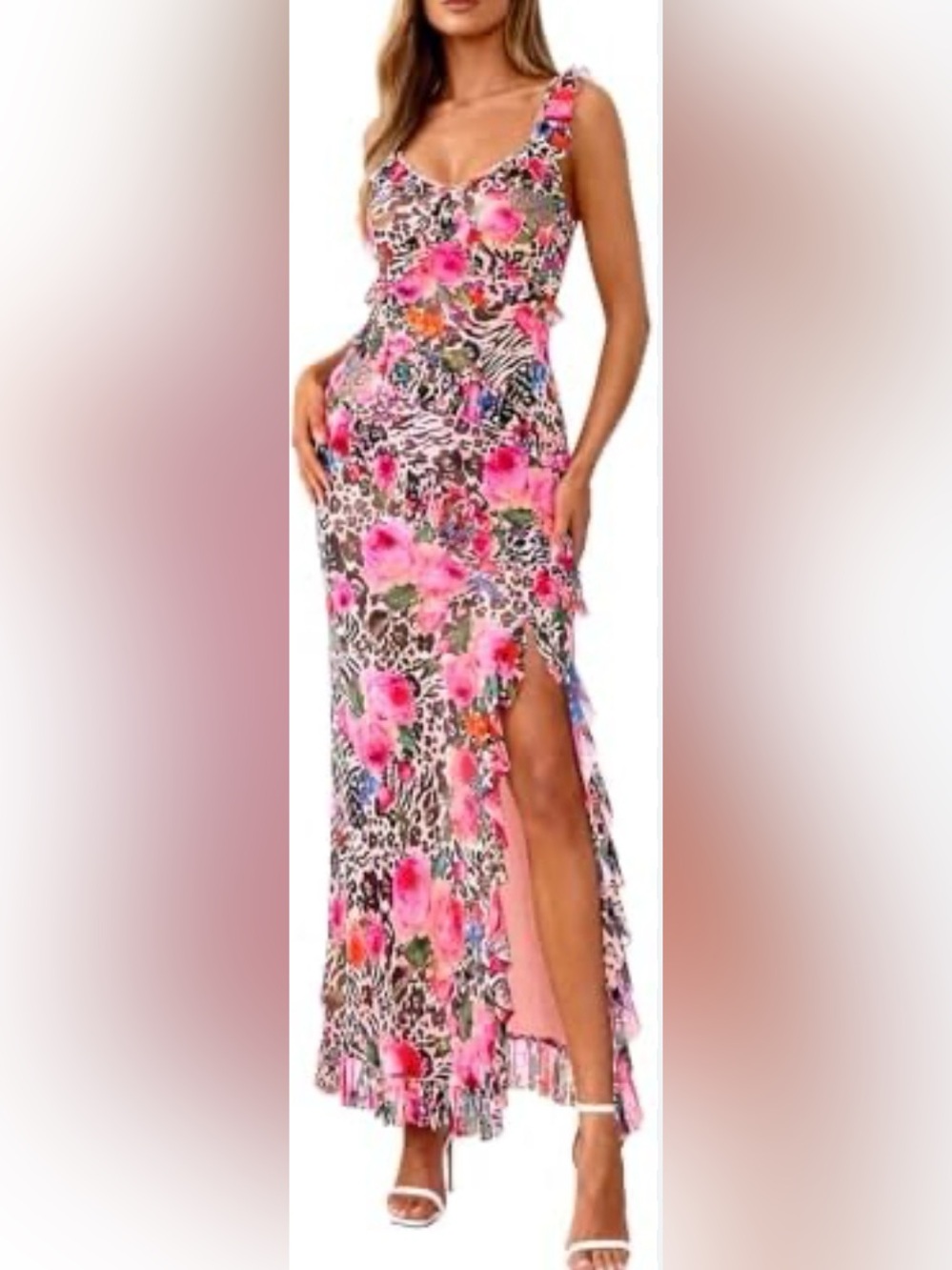 Pretty Garden Pink Floral Leopard Print Maxi Dress with Side Slit S NWT summer